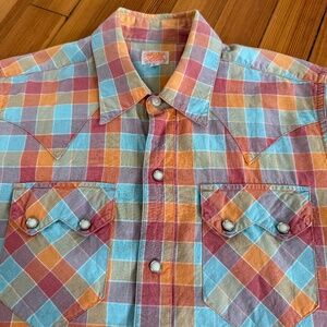 VTG Sugar Cane Japan Pearl Snap Button Western Plaid Short Sleeve Shirt Men Med